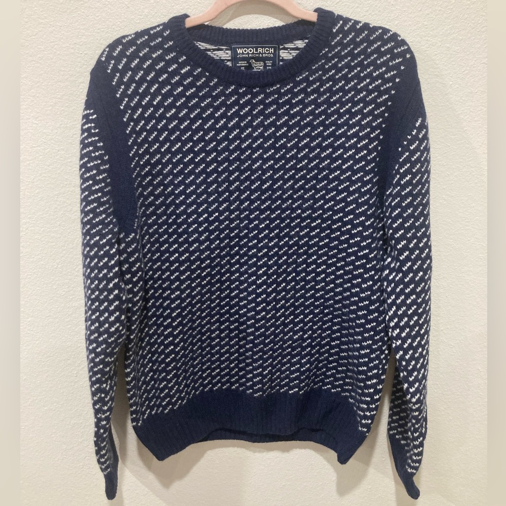 NWT John Rich & Bros Woolrich Large Navy Blue and White Pullover Wool Sweater